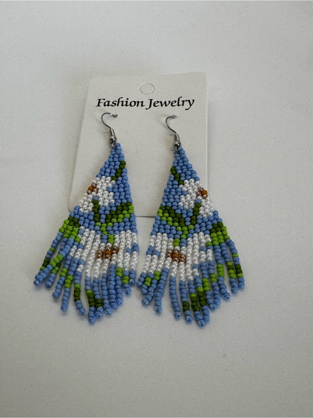Fashion Jewelry Light Blue Floral Seed Bead Fringe Earrings